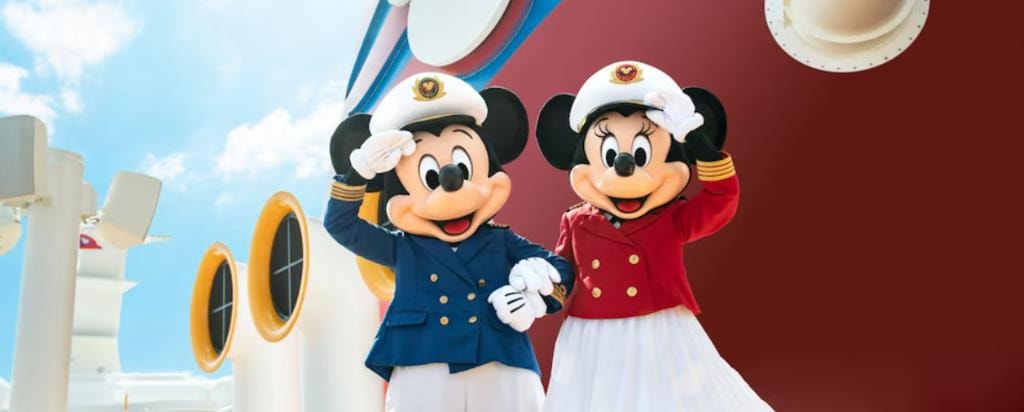 Captain Mickey and Minnie Mouse welcoming guests aboard Disney Cruise Line